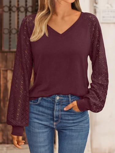 Womens Long Sleeve Shirts V Neck Lace Tops Business Casual Blouses Tee Trendy 2025 Fall Fashion Outfits Clothes