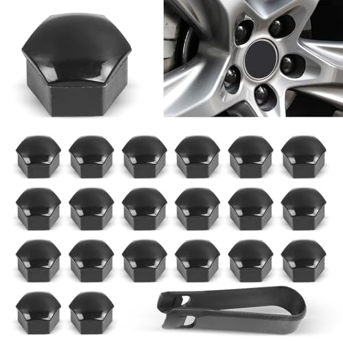 Tesnaao 21 PCS Car Wheel Nut Seals, 20 PCS Vehicle Bolt Caps with 1 PC Extractor Tool, Dustproof Anti-Theft Vehicle Hub Screw Cover, Universal Rims Accessories for Car Truck SUV (Black)