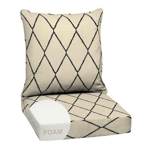 Image of Arden Outdoor Foam Deep Seat Cushion Set, 24 in x 24 in, Weather-Proof, Rain-Proof, Fade Resistant Patio Cushion, Bottom and Back Cushion for Chair, Sofa, and Couch Tan Diamond Trellis