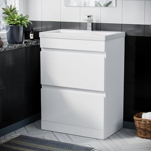 Nes Home White 600mm PVC 2 Drawer Floor Standing Vanity Cabinet & Basin Sink