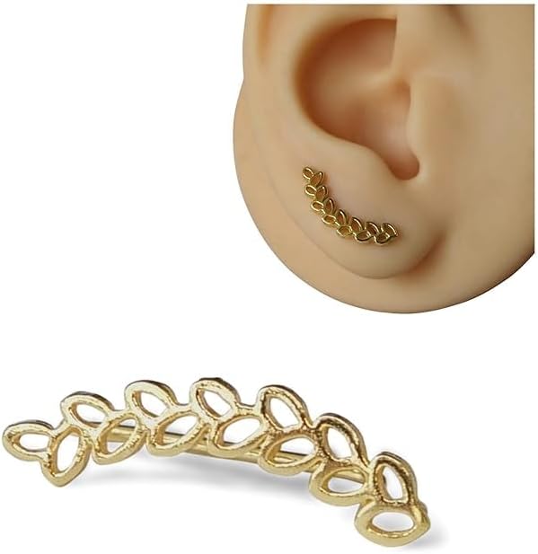 Handmade Gold Single Leaf Ear Climber Piercing Earring for Left Ear, Yellow Gold Plated over Sterling Silver, Wrap Ear Crawler for Women, Small Floral Ear Wrap