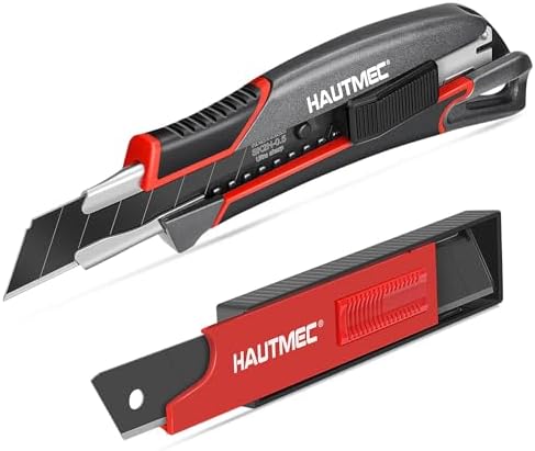 HAUTMEC Heavy Duty Utility Knife Box Cutter 18mm In Alluminum Alloy Shell, with Extra Ultra Sharp Black Sk2H 10 Blades in Safety Dispenser, Retractable and Auto-lock, HT0413-KN