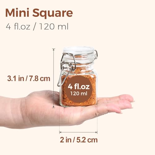 Image of ComSaf Square Glass Spice Jars 4 oz 12 Pack with Labels and Funnel Set | Airtight clamp lids, sixteen labels, compact jars, a full collection of dried herbs, spices, seeds, seasonings, jam and tea