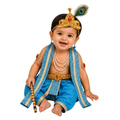 Image of ITSMYCOSTUME Krishna Dress for Baby Boy Kids Set of 10(Dhoti,Patka,Hip Cover,Mukut,Morpankh,Bansuri,Kamarband,Bajuband,Kundal) Little Krishna Ji Kanha Janmasthmi Costume for Kids