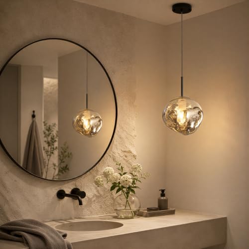 Image of Modern Gray Glass Pendant Lights with 2 Pack, 7.9 inch Concave Mini Pendant Light Fixtures with Adjustable Hanging Cord, Kitchen Island Lighting for Dining Room Bedroom Bar,entryway,Hallway