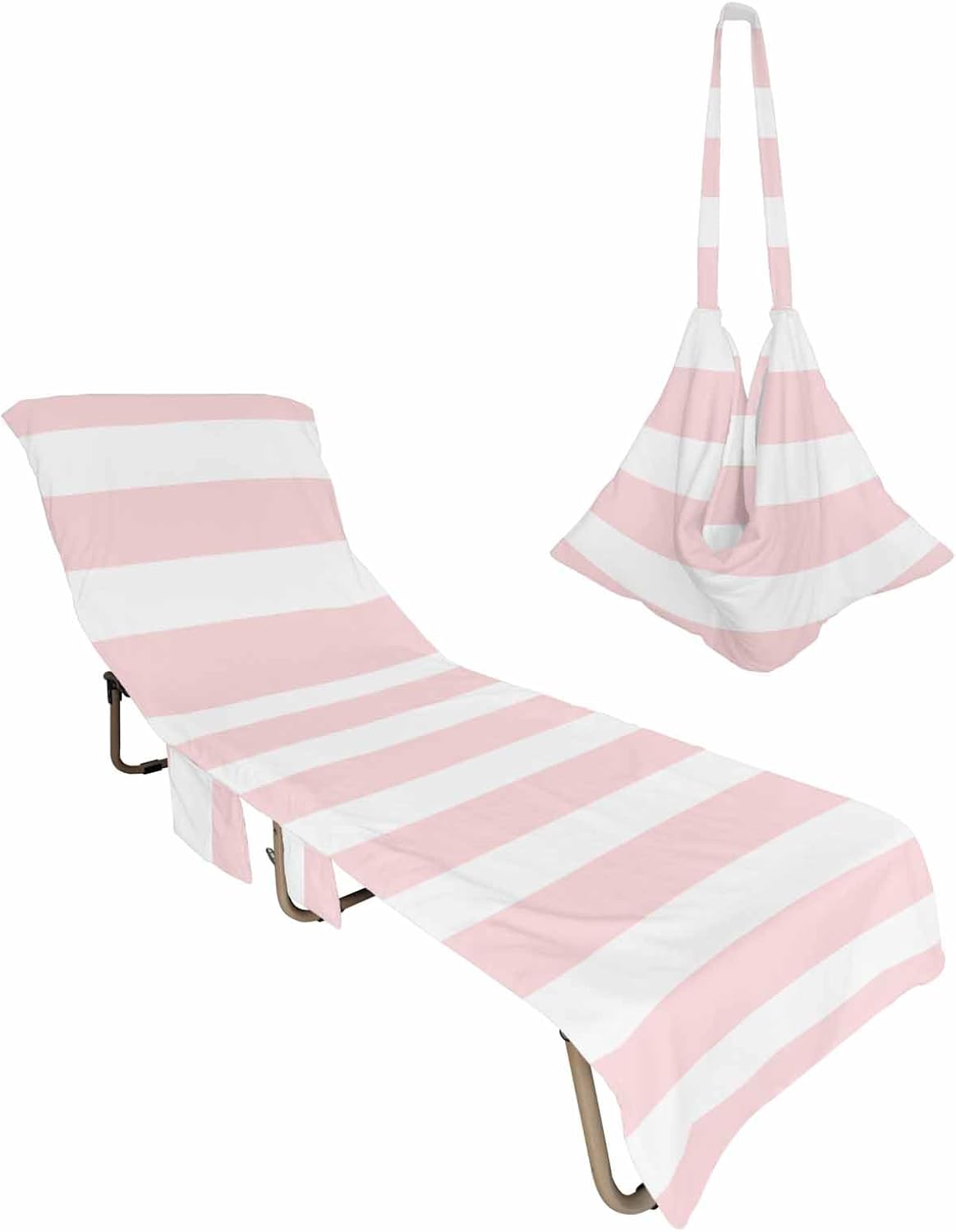 Pink Striped Beach Chair Cover, Outdoor Chaise Lounge Cover for Patio Pool Sunbathing, Modern Farmhouse Pink White Stripes Beach Chair Towel Microfiber Chair Towel Covers with Side Pockets