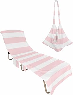 Pink Stripe Beach Chair Cover with Side Pockets, Microfiber & Quick Dry Pool Chaise Lounge Chair Towels Covers for Sun Sunbathing Patio Garden Hotel, White Geometric Striped Modern Boho Minimalist Art