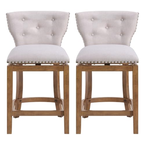 Image of ROME + OAK Carlynd 26 inch Counter Stool, Set of 2 Low Back Swivel Kitchen Barstool in Weathered Oak Finish with Sand Fabric Upholstered Seat