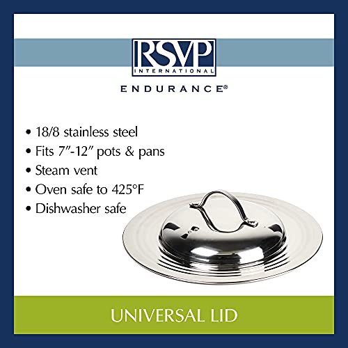 Rsvp International Endurance Universal Lid With Adjustable Steam Vent, One Size - Stainless Steel, 12.5"X 12.5" X 3" |Fits 7" - 12" Pots & Pans |Dishwasher Safe| Oven Safe #TOP6