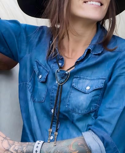 Image of Bolo Tie for Men Women Cowboy Turquoise Celtic Natural Tiger Eye Stone Longhorn Bull Western Leather Bolo Necktie