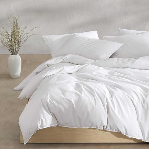 Calvin Klein - Queen Duvet Cover Set with Shams 100% Cotton Percale Bedding Garment Washed Crisp & Breathable Modern Cotton Washed Percale White