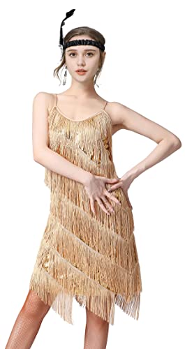 Image of Women 1920s Gatsby Flapper Dress Sexy Open Back Strap Fringed Cocktail Party Dress with 20s Accessories