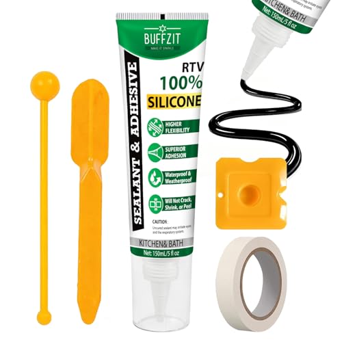 BUFFFZIT Black RTV Silicone Adhesive Sealant – Waterproof Flexible Caulk, Strong Bond & Crack Resistant, Multi-Surface Sealant for Automotive Gaskets, Engine, Windows, Bathroom & Kitchen, 5 Oz