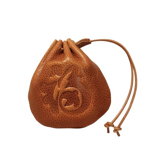 BRTOO Genuine Leather Coin Change Purse Pouch for Men Women Coin Holder for Car Small Vintage Drawstring Pouch Bag for Rosary Key Dice D&D Jewelry Storage Medieval Accessories(Yellowish brown)
