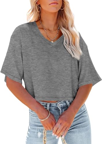 GeGekoko Women's V-Neck Cropped T Shirts Casual Summer Crop Tops Half Sleeve Plain Crop Baisc Tees, gray, XXL
