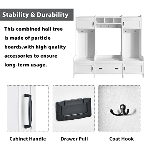 4-in-1 Design Hall Tree Hallway Coat Rack with Storage Bench and Drawers for Entryway, Living Room