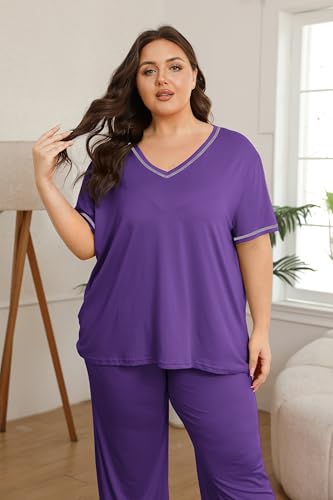 Image of Vozanet Women's Plus Size Pajama Sets Short Sleeve Long Pants Solid Color with Piping Trim Elegant Loungewear Cozy Sleepwear