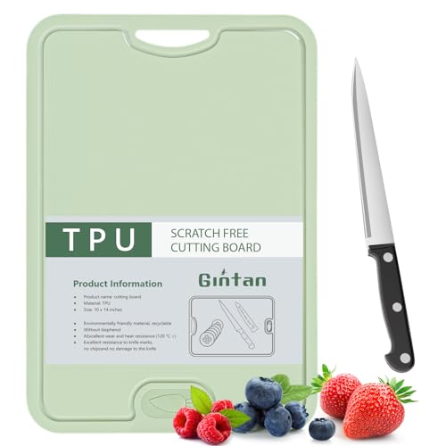 Gintan Flexible TPU Cutting Board with Knife and Juice Groove, BPA Free Flexible Chopping Boards for Kitchen Dishwasher Safe Easy Grip Handle（Green）