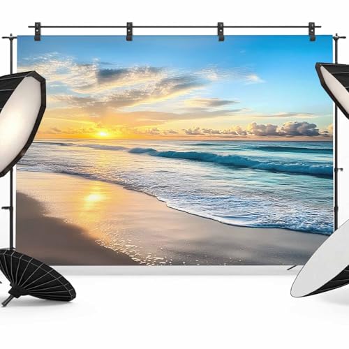 Ocean Beach Sea Spray Sunset Backdrop for Photography,Summer Vacation Blue