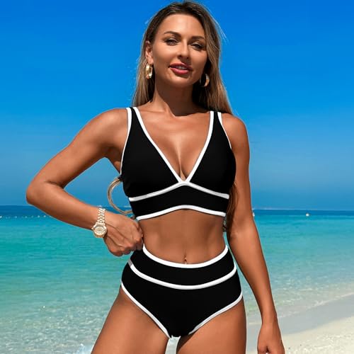 High Waisted Bikini Sets Womens Cheeky Two Piece Swimsuit V Neck Color Block Bathing Suit4