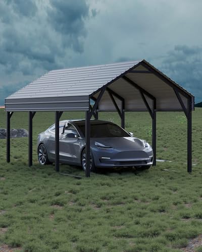 Image of GarveeLife 10x15 FT Metal Carport Kits, Reinforced Frame and Steel Roof for All-Weather Use, Permanent Shelter for Bass Boats, Sedans, and Tractors, Gray