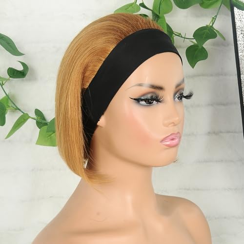 Adette Bob Human Hair Headband Wigs Straight Brown Wigs For Black Women Short Bob Human Hair Wigs Color #30 Golden Brown None Front Lace 150% Density Brazilian Human Hair (12")