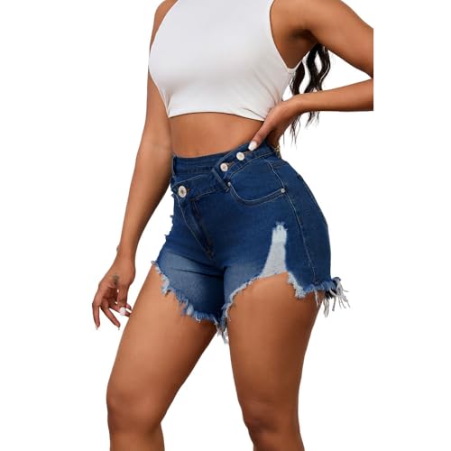 Image of PINSV Women's High Waisted Crossover Jean Shorts Ripped Hem Raw Denim Shorts