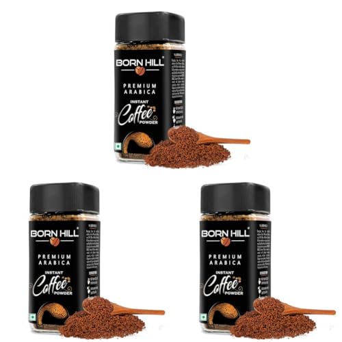Image of BORN HILL Premium Instant Coffee, 100g | 100% Arabica & 0% Chicory | Medium Roast | Ground Coffee powder for Strong & Rich Brew | Makes 50 cups (Pack of 3)