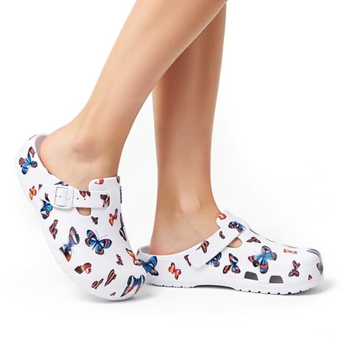 Image of Eliogn Women's Garden Clogs with Print, Waterproof Slip Resistant Work Clogs, Lightweight EVA Slip-On Mules, Cushioned Comfortable Shoes for Nurse, Chef, Kitchen, Beach