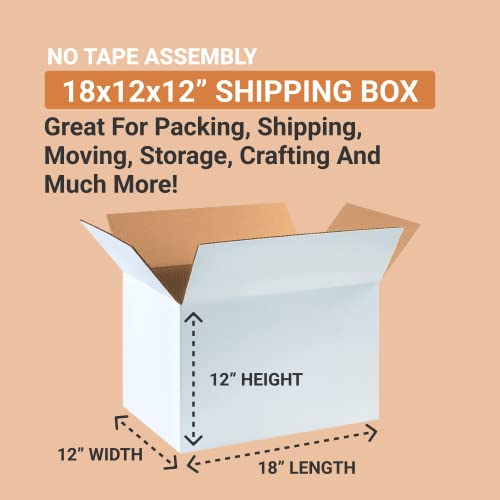 Image of BOX USA 181212W Corrugated Cardboard Box 18 inch L x 12 inch W x 12 inch H, White, For Shipping, Packing and Moving (Pack of 25)