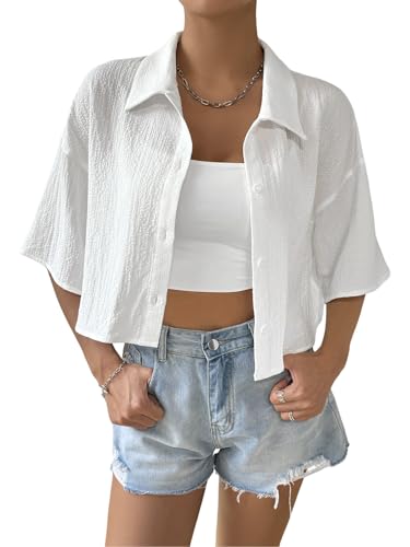 SHENHE Women's Oversized Button Down Short Sleeve Shirt Textured Collared Crop Top Blouse