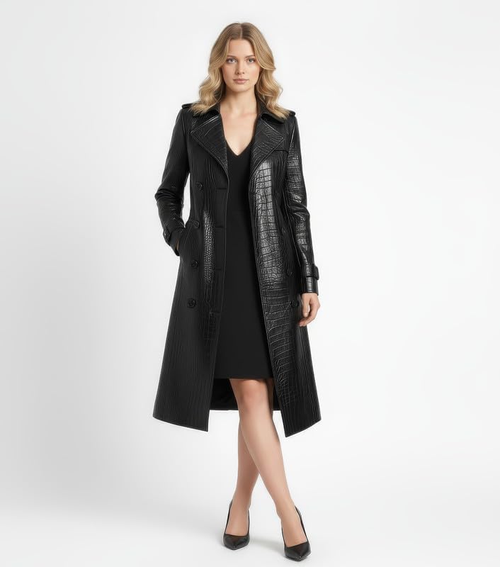 Artemis Women’s Genuine Leather Coat – Crocodile Embossed Real Leather, Double-Breasted Sustainable Outerwear - Image 7