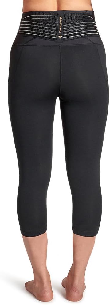 Tommie Copper Adjustable Lower Back Support Compression Capri Leggings with 2 Pockets, 19in Breathable Capris, Black, XL