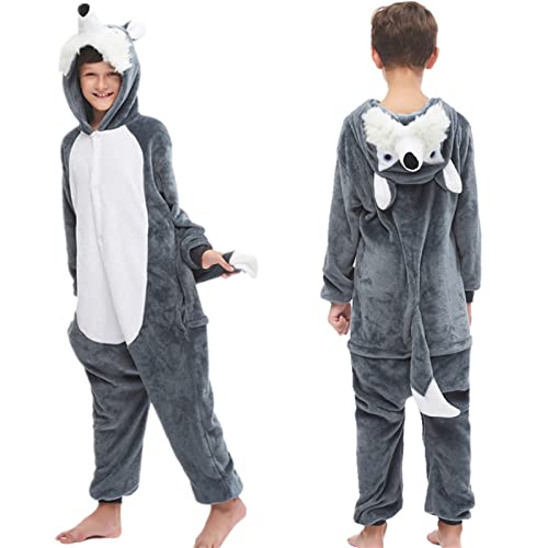 Donpeer Lupo Grigio Tutina Ragazzo e Ragazza Bambini Onesies Pigiama Pigiameria Sleepwear Nightclothes Cosplay Halloween Costume Attrezzatura Animale Carnevale Unisex 130(120~130cm) -A145