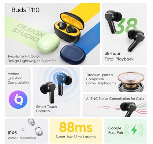 Image of Original Wireless for realme Buds T200x Advanced True Audio Earphones Delivering 12.4mm Dynamic Sound Output, 25dB Noise Reduction, Quad Mic (Black)