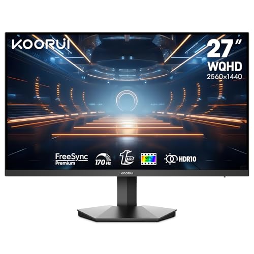 KOORUI 27 Inch Gaming Monitor, QHD(2560 * 1440) Vertical Rotating Computer Monitors, 144Hz/170Hz, IPS, 1ms, HDR 400, Adpitive Sync, 2X HDMI & DisplayPort 2K Monitor, Height Adjustable