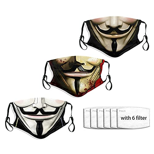 rilixuy 3pcs Horror Face Mask Reusable Adjustable Halloween Bandana for Men Women 3D Design V Face Mask-17