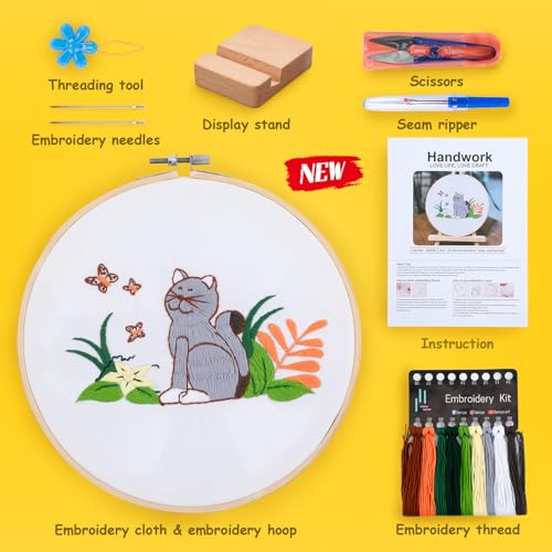 Image of Embroidery Kit for Adult Beginners, Cat Embroidery Kit with Step-by-Step Instructions and Video, Printed Cloth, 7.87 inch Hoop, Display Stand, Color Threads, Threader & Needles for Craft Lover(BED001)