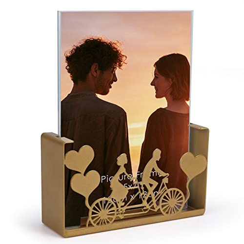 Qutrey 5X7 Picture Frame With Lover And Heart Decor, Gold U-Shape Vertical Metal Stand Display 5 By 7 Photo Prints For Tabletop Or Desktop #TOP7