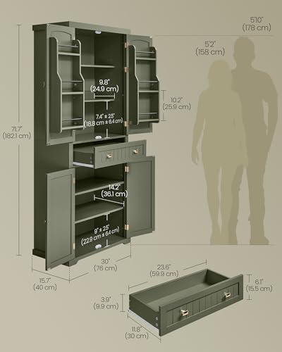 Image of VASAGLE Pantry Cabinet, 15.7 x 30 x 71.7 Inches, Freestanding Tall Cupboard Storage Cabinet with a Drawer, 2 Cabinets, 6 Adjustable Shelves, for Living Room, Kitchen, Forest Green UBBK561C01