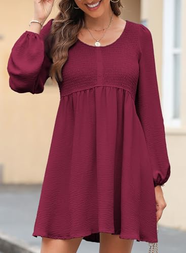 Image of Dokotoo Fall Dresses for Women 2026 Casual Long Sleeve Mini Dress | Smocked Crewneck, Button Up, Empire Waist, A-Line Hem, Solid Color, Floral Pattern