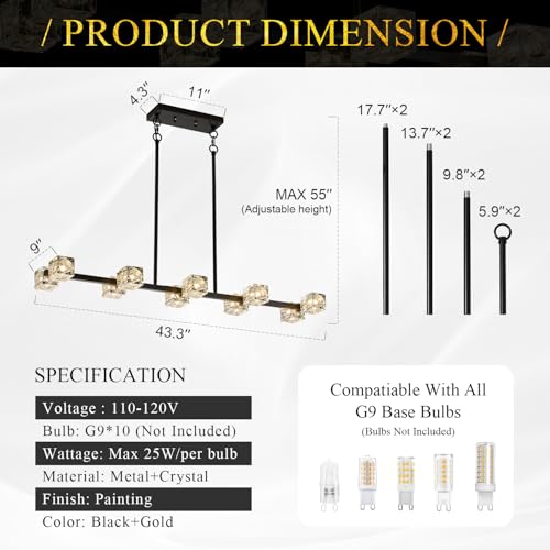 Image of Black Gold Crystal Chandelier 10-Light L 43 inch Modern Sputnik Ceiling Pendant Light Fixture Industrial Adjustable Hanging Lights for Dining Room Kitchen Island Living Room Bar
