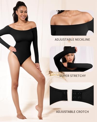 MANGOPOP Shapewear Tummy Control Bodysuit Off The Shoulder Long Sleeve Body Suits for Womens Ribbed Seamless Tops4