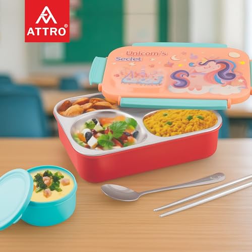 Image of ATTRO School Bite Stainless Steel Lunch Box - 3 Compartment Bento Tiffin, Leak-Proof & Durable, Ideal for Kids, School, Picnic- 750ml+150ml, Peach- Unicorn Theme