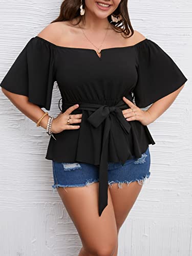 SCOMCHIC Women's Plus Size Off The Shoulder Peplum Blouse Top Half Bell Sleeve Tie Waist Ruffle Hem Babydoll Tops3