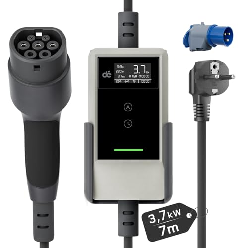 dé Cavo Ricarica Auto Elettrica Tipo 2 Schuko 3,7kW [7m | 6/8/10/13/16A] Colonnina Ricarica Auto Elettrica con Supporto, Wallbox Compatibile con Model Y/3, e208 e Altri EV/PHEV, Bianco
