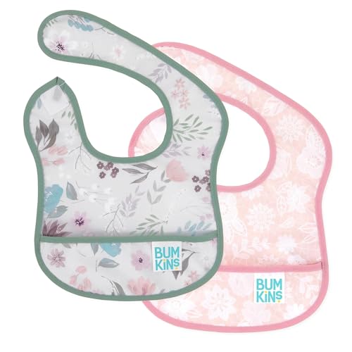 Image of Bumkins Bibs, for Baby Girl or Boy, Infant 3-9 Months, Essential Must Have for Eating, Feeding, Baby Led Weaning, Mess Saving Waterproof Soft Fabric, Starter Bib 2-pk Floral and Lace Gray and Pink