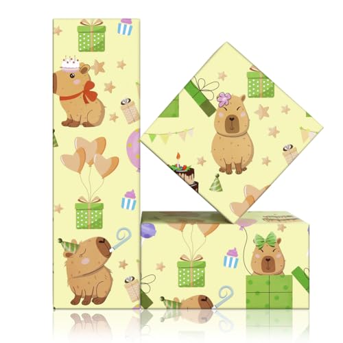 Geluode Capybara Wrapping Paper For Kids Girls Boys, Cute Capybaras With Birthday Hat and Balloon Wrapping Paper - 4 Sheets Folded Flat 20x28 Inches Gift Wrap for Birthday Holiday