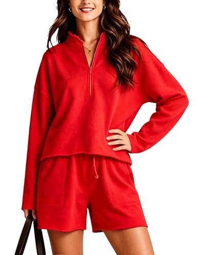 Image of Bozanly Two Piece Outfits for Women Trendy Long Sleeve Tops Shorts Set