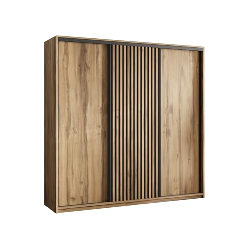 Masseno Schwebetürenschrank VONTE 180/205/60 cm Kleiderschrank mit Lamellen und Schubladen Schlafzimmer Schiebetürenschrank 3-türig Eiche Wotan + Schwarz Masseno Schwebetürenschrank VONTE 180/205/60 cm Kleiderschrank mit Lamellen und Schubladen Schlafzimmer Schiebetürenschrank 3-türig Eiche Wotan + Schwarz